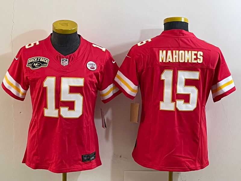 Women Kansas City Chiefs 15 Mahomes Red three generations 2025 Nike Vapor Limited NFL Jersey style 3